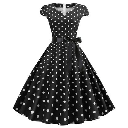 Woman Retro Dresses Audrey Hepburn 1950s 60s Rockabilly Polka Dot Printed Bowknot Pinup Ball Gown Party Dress Robe Vestidos Black