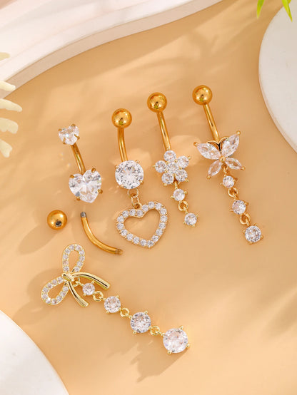 14G Gold Color Series Butterfly Dangled Belly Piercing Sets 5PCS/Lot Heart Flower Curved Navel Navel Ring Belly Button Rings