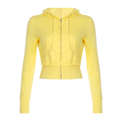 BIIKPIIK Drawstring Hooded Hoodie Suits Autumn Winter Solid Zipper Women Casual Pants Set Street Sporty Sweatshirt Two Piece Set Yellow Hoodie ONLY