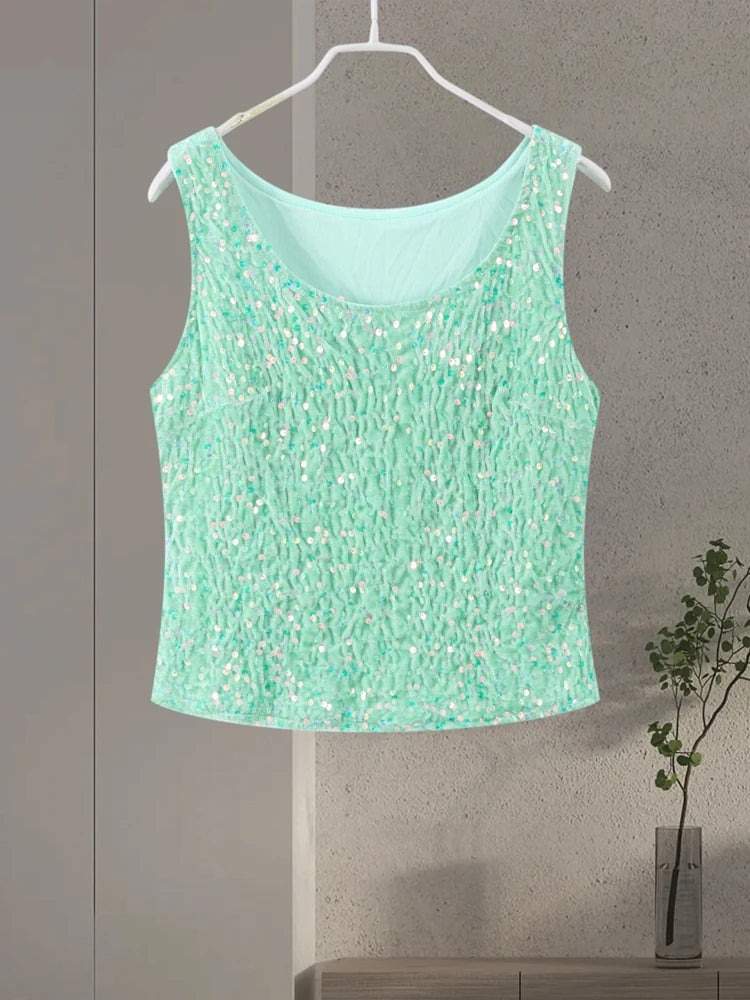 O-neck Vest Mini Skirt Suits Women Sexy sparkly Sequined Sleeveless Tank Tops With Bodycon Short Skirts Fashion Ladies Beachwear