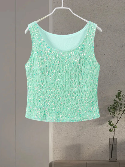 O-neck Vest Mini Skirt Suits Women Sexy sparkly Sequined Sleeveless Tank Tops With Bodycon Short Skirts Fashion Ladies Beachwear