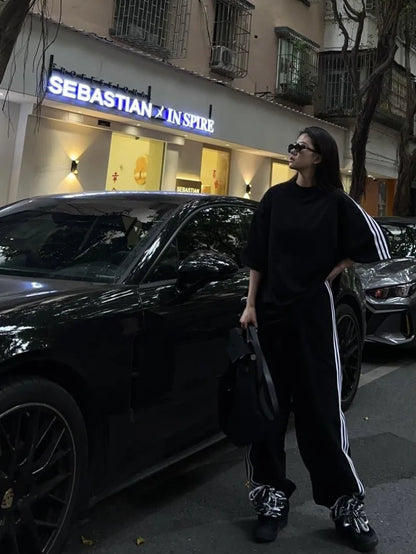 American Street-bombing Leisure Sportswear Suit Female Summer Student Loose Versatile Short-sleeved Trousers Two-piece Suit Tide