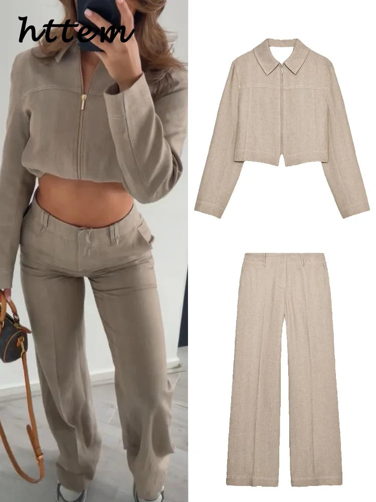 Fashion Short Jackets Pants Sets Women Lapel Zipper Long Sleeve Coats Pleated Straight Pant 2025 Spring Summer Lady Office Suits