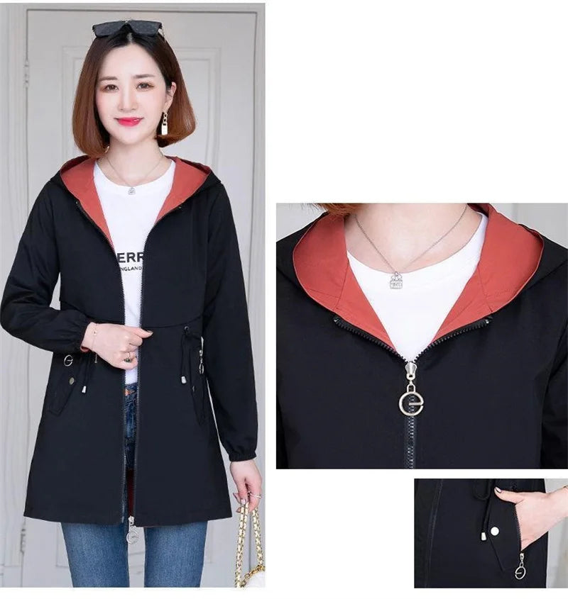 Double-Sided Trench Coat Women 2023New Fashion Spring Autumn Clothes Hooded Mid-Length Windbreakers Female Outerwear Casual Tops