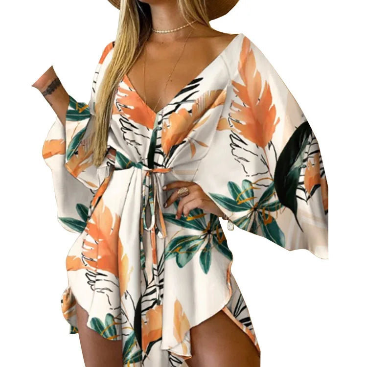 Sexy Women Mini Dress Floral Print V Neck 3/4 Bat Sleeve Lace Up Irregular Hem Casual Loose Beach Cover Up Dress Vestido Mujer