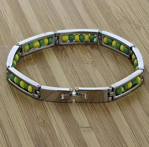 Wholesale New Arrival Stainless Steel Jewelry Green and Yellow Color Orula Elegua Bracelet Mix Beads Unisex Bangle For Women Men Badiee Stylez