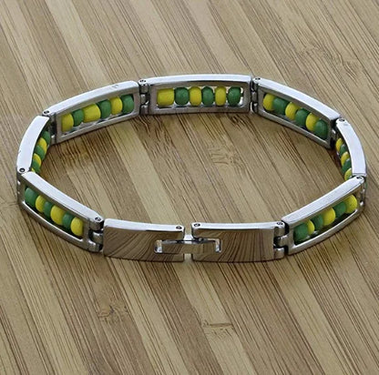 Wholesale New Arrival Stainless Steel Jewelry Green and Yellow Color Orula Elegua Bracelet Mix Beads Unisex Bangle For Women Men Badiee Stylez