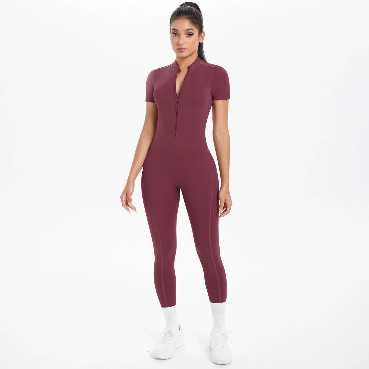 Short Sleeved Fitness Jumpsuit for Woman Bodysuits Backless Solid Color Scrunch One-Piece Suit Half Zipper Gym Yoga Sets Womens