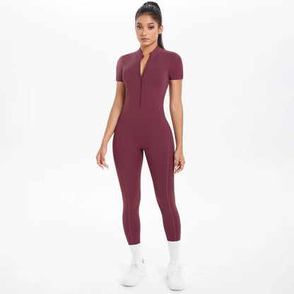Short Sleeved Fitness Jumpsuit for Woman Bodysuits Backless Solid Color Scrunch One-Piece Suit Half Zipper Gym Yoga Sets Womens