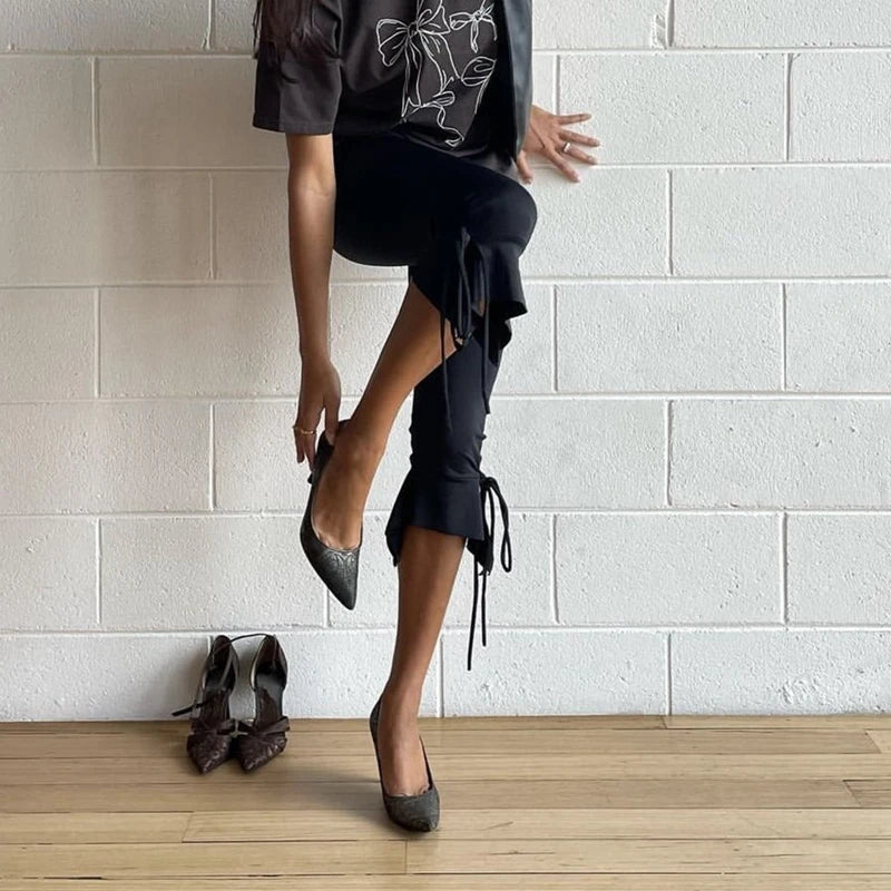 Vintage Tie-up Ruffles Hem Short Pants Y2k Knee Length Capri Trousers Women Folds Low Waist Skinny Pants Fashion High Street Badiee Stylez