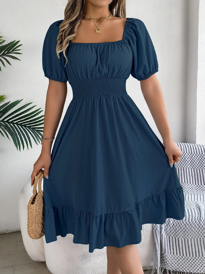 Spring and Summer Elegant High Waisted Dress Square Neck Short Sleeved Ruffled Edge Long Dresses for Women Badiee Stylez