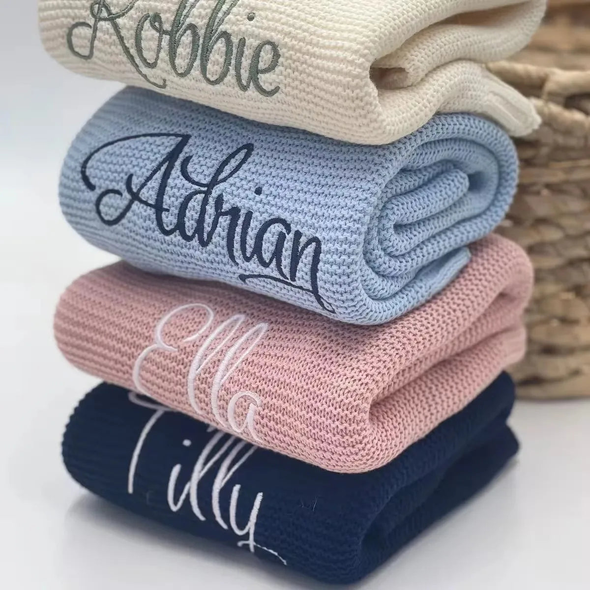 Personalized Kid Name Baby Blanket Embroidered New Born Baby Blanket Stroller Swaddles Breathable Cotton Knitted Blanket Bedding Badiee Stylez