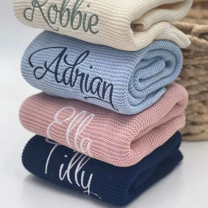 Personalized Kid Name Baby Blanket Embroidered New Born Baby Blanket Stroller Swaddles Breathable Cotton Knitted Blanket Bedding Badiee Stylez