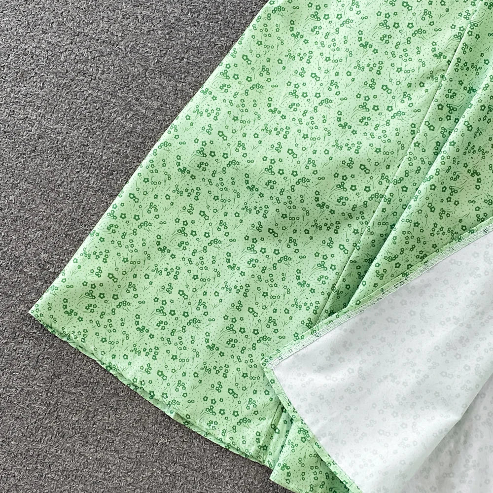 Summer Vintage Dress Blue Floral Summer Bubble Sleeve Tie Up Sexy Dresses Women A-line Print Split Long Dress Elegant Vestidos