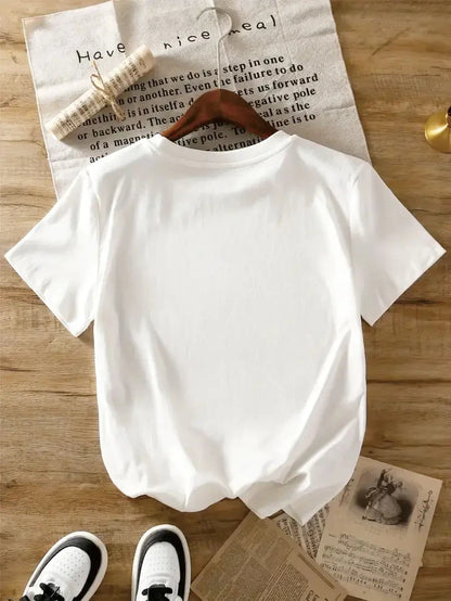 Plus Size Women's Casual Short-Sleeve Round Neck T-Shirt - White Geometric Ladybug & Daisy Print