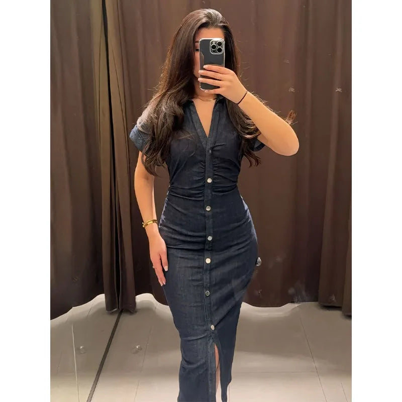 New Long Dresses 2025 Woman Fashion Summer V-neck Single Breasted Slim Fit Denim Skirts Women's Clothing Tops