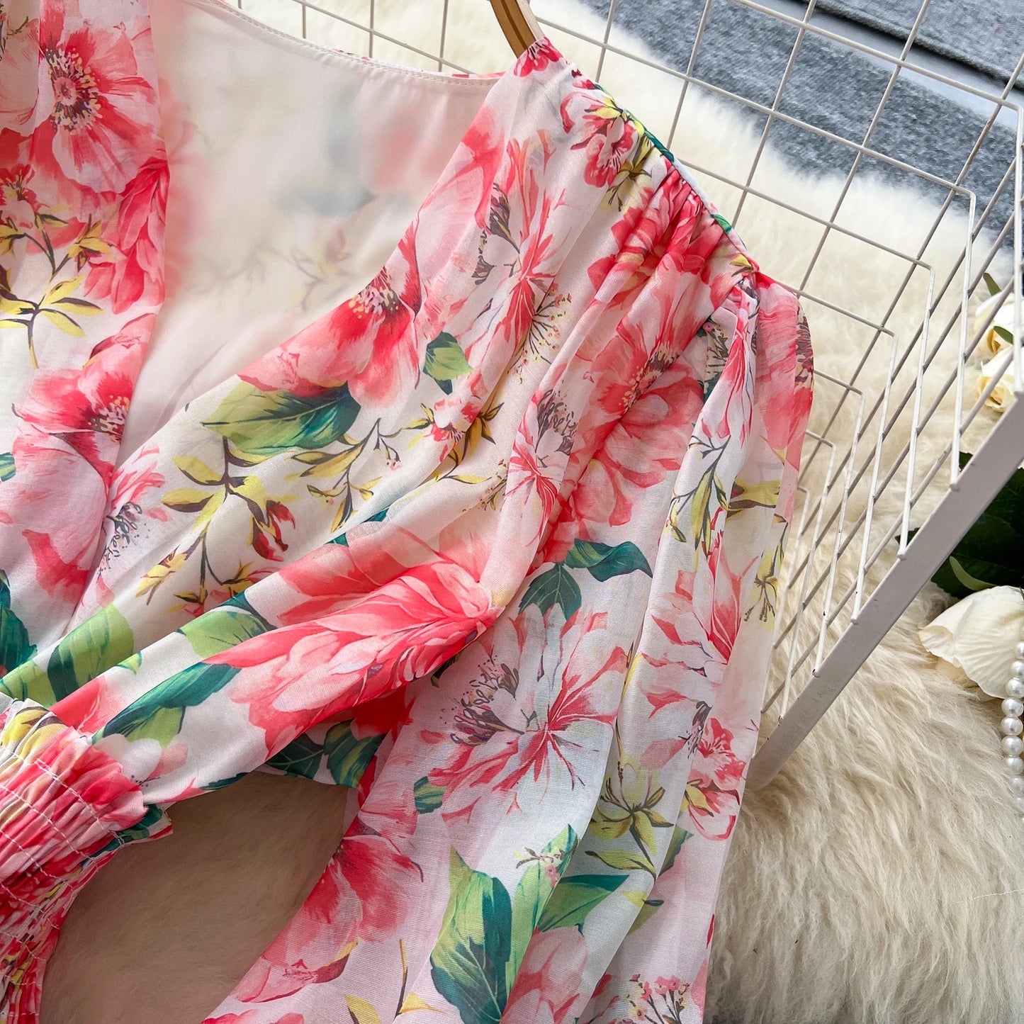 Chic vintage long sleeve lantern sleeve V-neck print pleated Elegant Fairy korean dress women clothing Long dress