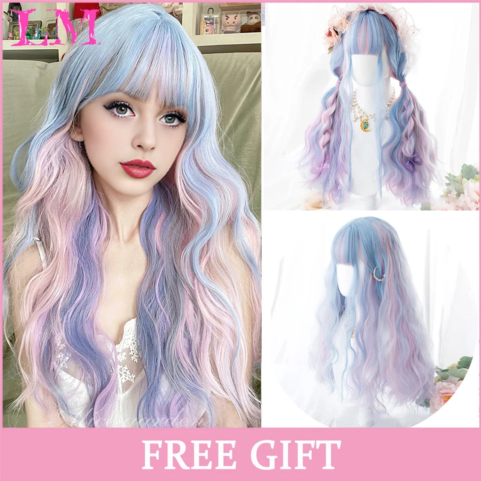 LM Long Silky Straight Synthetic Wigs with Bangs Black Cosplay Party Lolita Hair Wigs for Women Natural Heat Resistant Wig #31