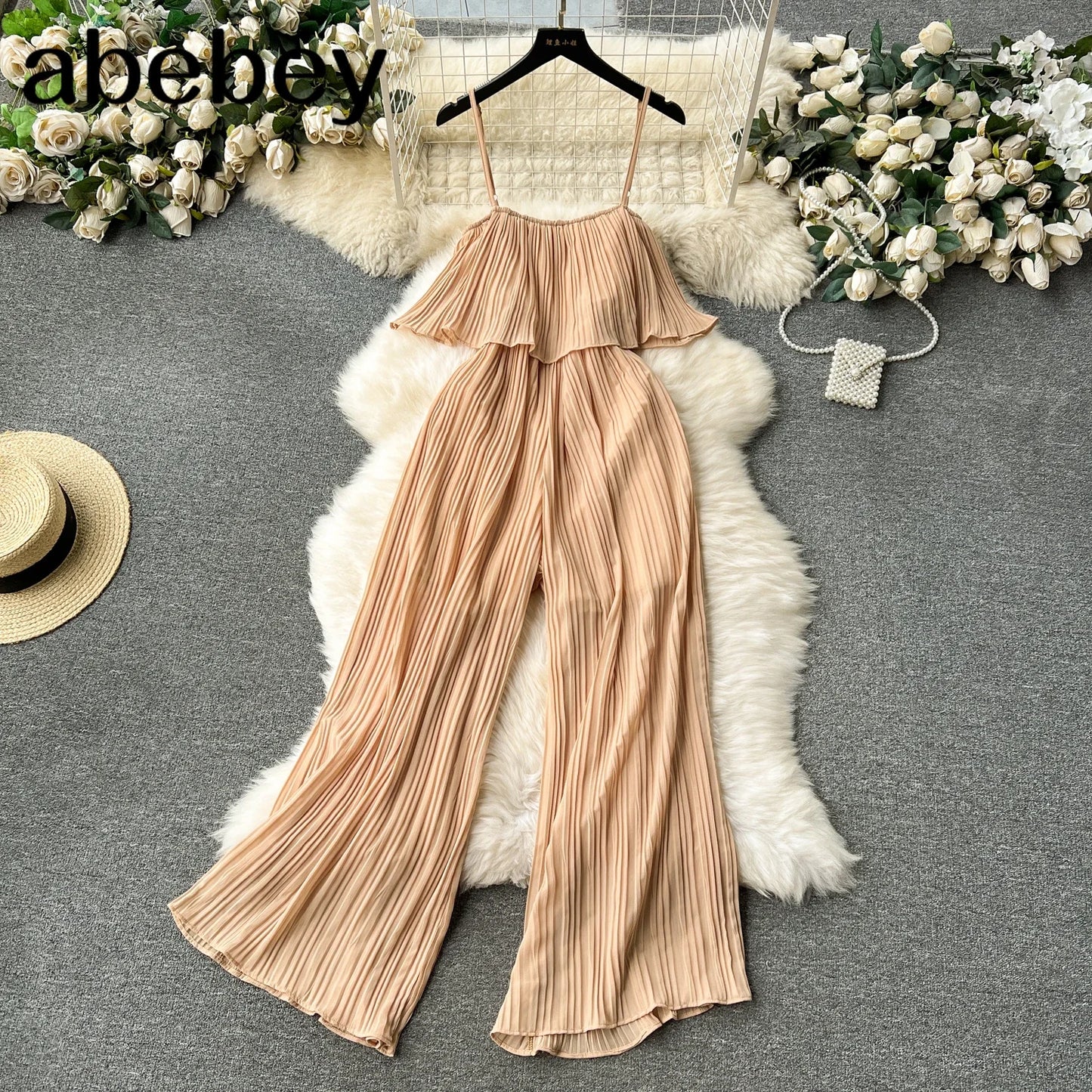 Vacation Loose Jumpsuit Strap Backless Thin Romper Streetwear Women INS One-Piece Outfit Beach Style Pleated Bodysuits Khaki One Size