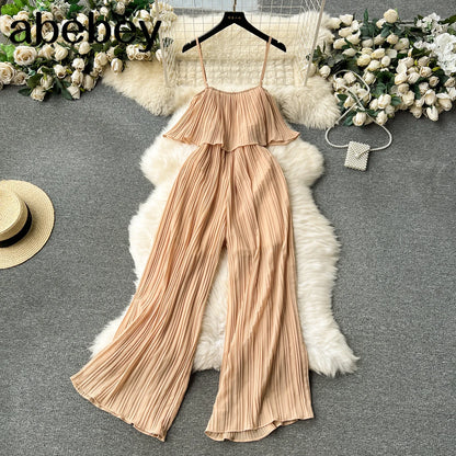 Vacation Loose Jumpsuit Strap Backless Thin Romper Streetwear Women INS One-Piece Outfit Beach Style Pleated Bodysuits Khaki One Size
