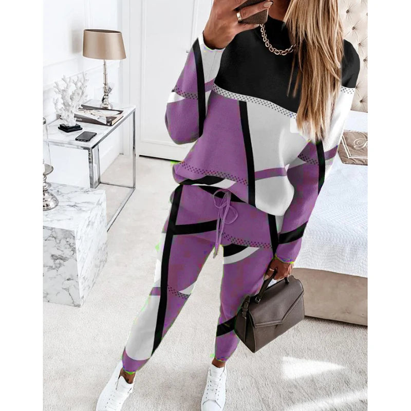 Women Casual Two Piece Sets Fashion Geometric Print O-Neck Long Sleeve Tops and Drawstring Pencil Pants Sets Office Lady Outfits Badiee Stylez