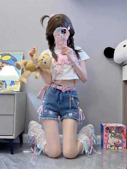 Women's Denim Shorts Strap Cute High Waist Bow Kawaii Female Short Jeans Pants Elegant New in To Wear Stretchy Trend 2025 Casual