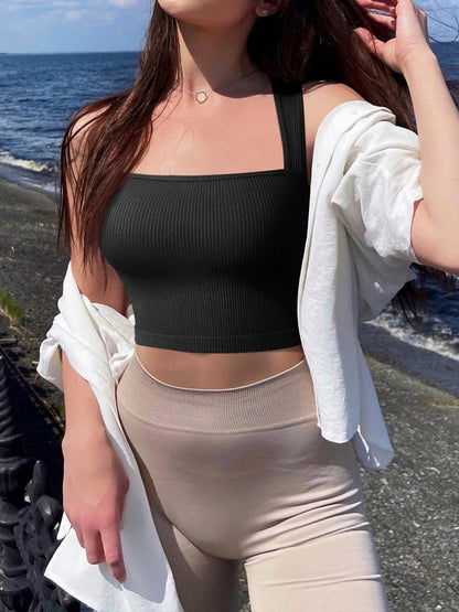 Women Slim Tank Top Sexy Square Neck Sleeveless Ribbed Tops Ladies Crop Top