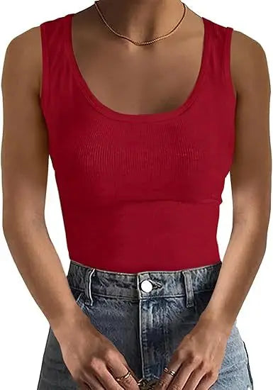 Summer Women's Vest Slim Fit Elastic Fashion Thread Basic Pullover Simple Versatile Square Collar Sleeveless T-shirt