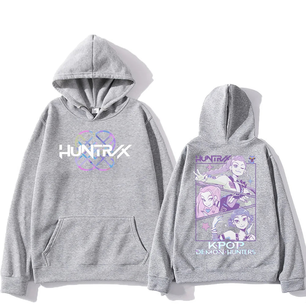 Kpop Demon Hunters Hoodies K-pop Cartoon Printed Sweatshirt Fashion Versatile Streetwear For Women Men Oversized Pullovers grey