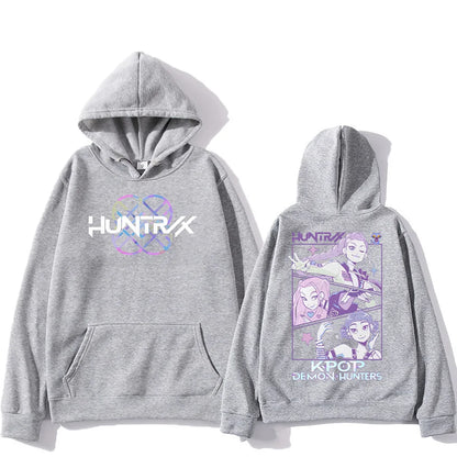 Kpop Demon Hunters Hoodies K-pop Cartoon Printed Sweatshirt Fashion Versatile Streetwear For Women Men Oversized Pullovers grey