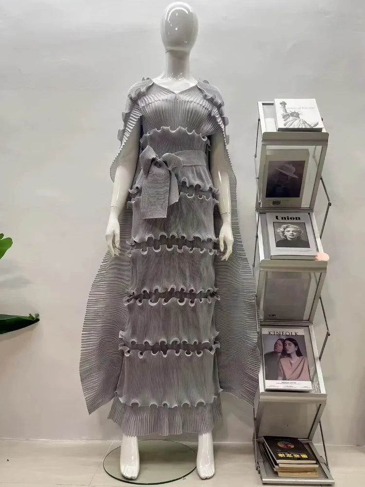 EGRM Miyake Solid Pleated French Three-dimensional Fungus Edge Cake Dress Women's Loose Long Dresses 2025 Summer New 6R8109 GRAY One Size