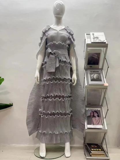 EGRM Miyake Solid Pleated French Three-dimensional Fungus Edge Cake Dress Women's Loose Long Dresses 2025 Summer New 6R8109 GRAY One Size