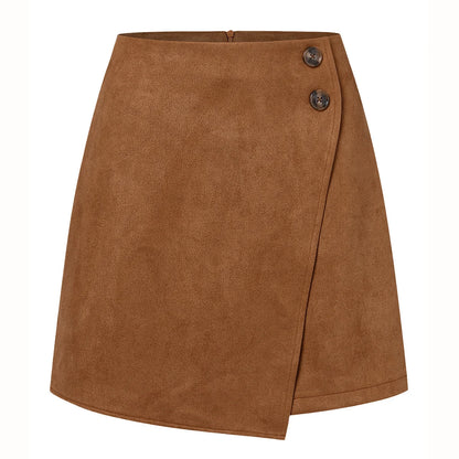 New Arrival 2025 Women's Autumn Winter Suede Irregular Skirt Solid Color High Waist Zipper Button Short Skirts For Woman Khaki