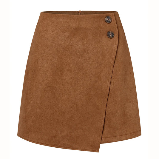 New Arrival 2025 Women's Autumn Winter Suede Irregular Skirt Solid Color High Waist Zipper Button Short Skirts For Woman Khaki