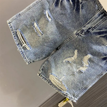 2024 Summer Latest Design Women's Knee-Length Casual Cotton Short Jeans Shorts Washed Blue Ripped Hole New Kpop Luxury Jeans