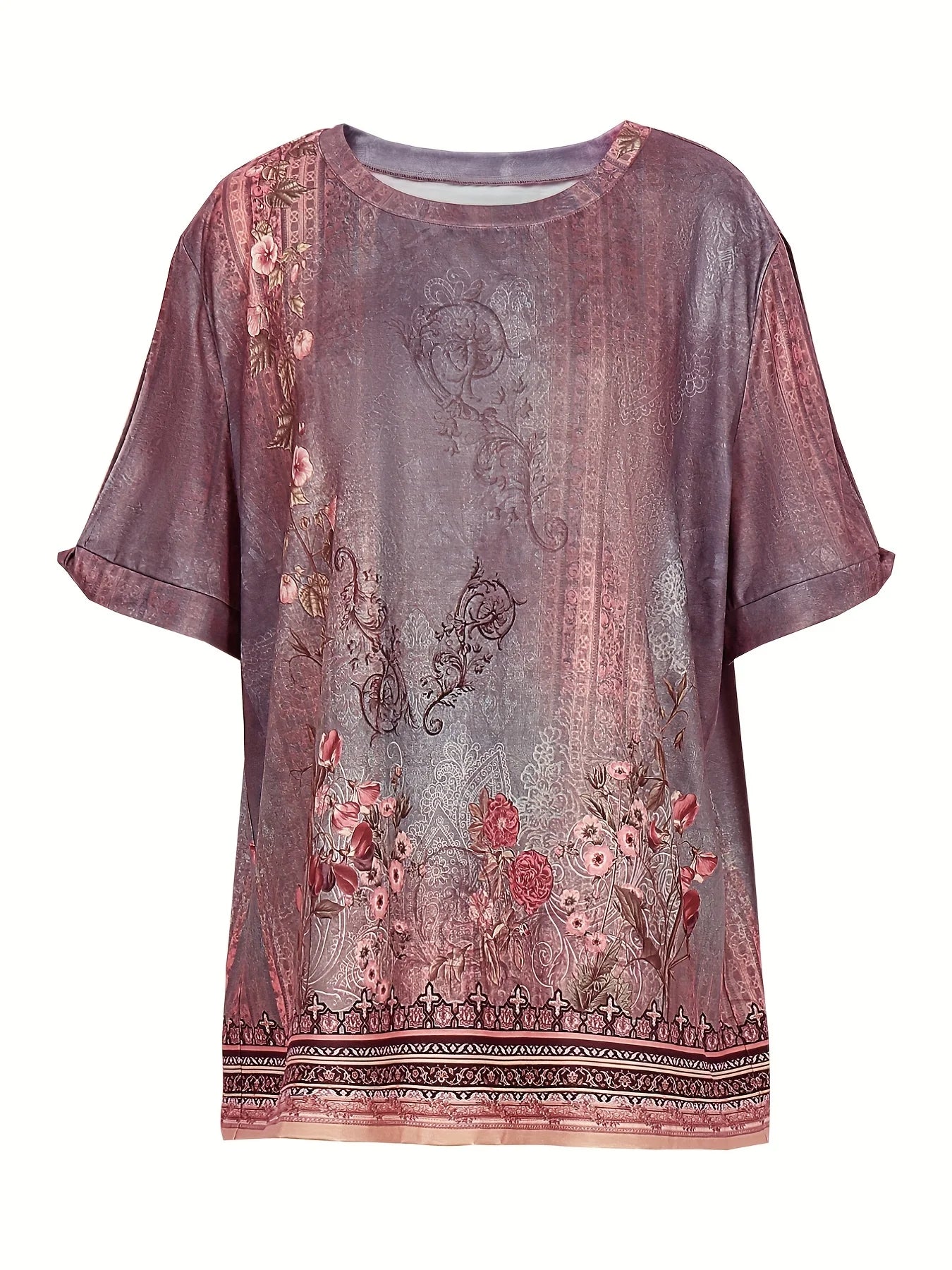 Plus Size 2024 Summer New Women's Printed Pattern Round Neck T-Shirt Short Sleeve Pullover Best for Summer
