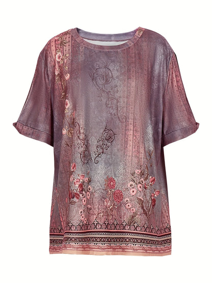 Plus Size 2024 Summer New Women's Printed Pattern Round Neck T-Shirt Short Sleeve Pullover Best for Summer
