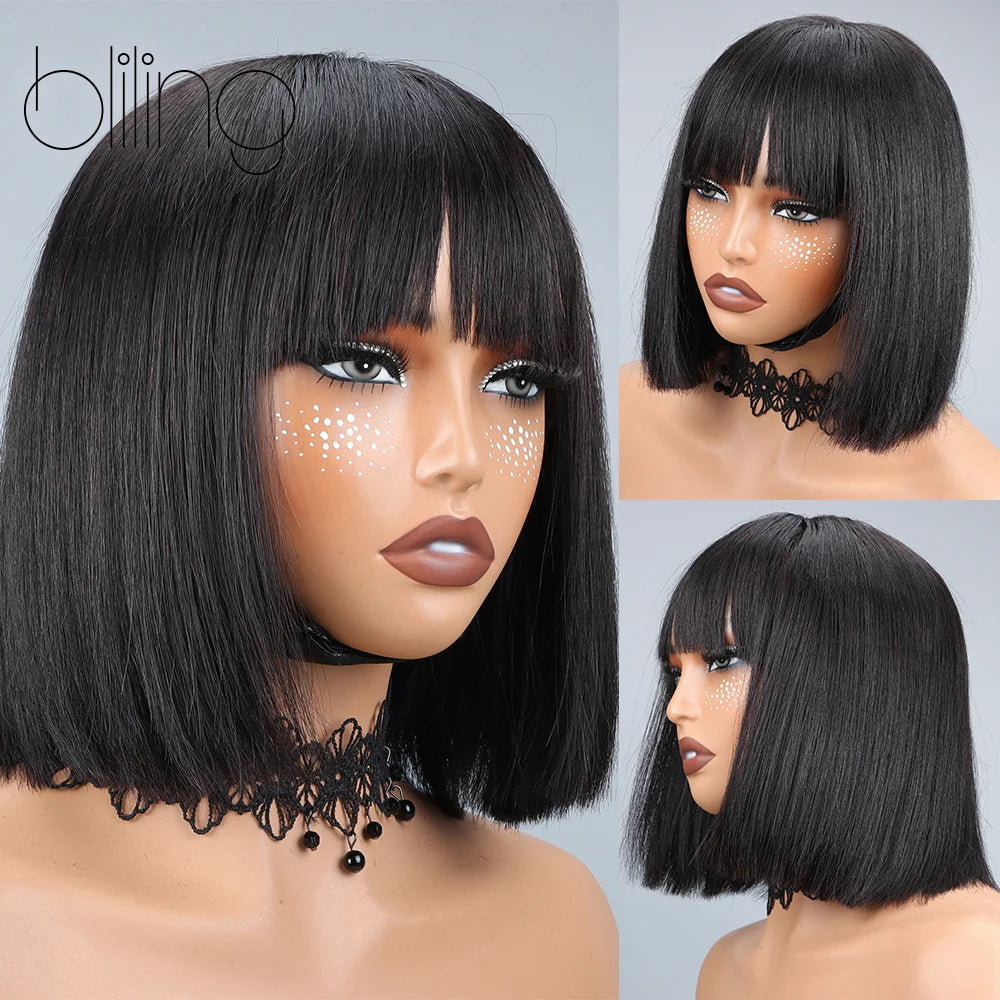 200% Human Hair Wig With Bang Natural Glueless Straight Layered Bob Hairstyle 1X13 Transparent Lace Black for Women 10 Inch Badiee Stylez