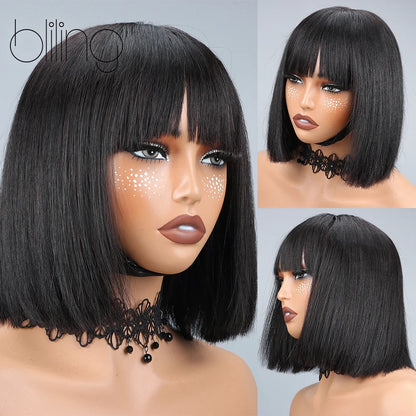 200% Human Hair Wig With Bang Natural Glueless Straight Layered Bob Hairstyle 1X13 Transparent Lace Black for Women 10 Inch Badiee Stylez