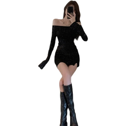 One-Shoulder Sequined Long Sleeve Sexy Pencil Skirt