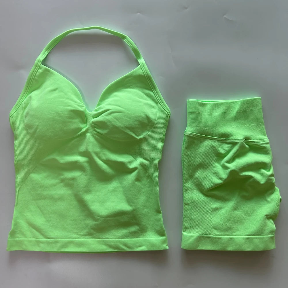 No Logo 2Pcs Gym Set Women Backless Tank Tops High Waist Scrunch Seamless Shorts Gym Suit Fitness Clothes Activewear Workout Set Badiee Stylez