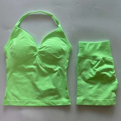 No Logo 2Pcs Gym Set Women Backless Tank Tops High Waist Scrunch Seamless Shorts Gym Suit Fitness Clothes Activewear Workout Set Badiee Stylez