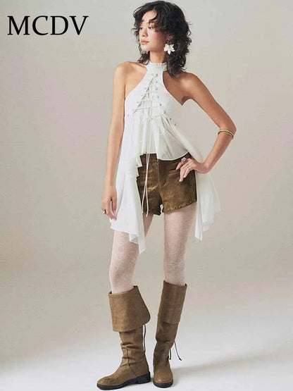 MCDV Mesh Patchwork Irregular Ruffles Vest Women Cross Bandage Elegant O-Neck Sleeveless Slim Tank Tops Y2K Summer Clothes Tees