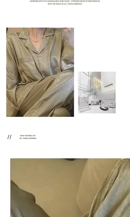 Women's Gray Ink Painting Ice Silk Pajamas Ladies Spring and Autumn Thin Long-Sleeved High-End Sleepwear Loungewear Cherry Print
