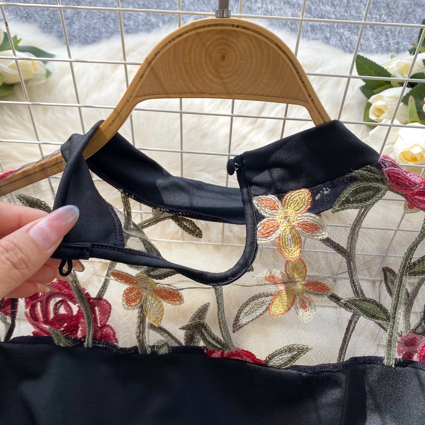 SINGREINY Vintage Embroidery Gauze Sexy Bodysuits Stand Collar Long Sleeve Playsuits Fashion Spliced Women Open crotch Rompers