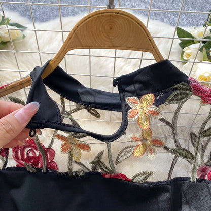 SINGREINY Vintage Embroidery Gauze Sexy Bodysuits Stand Collar Long Sleeve Playsuits Fashion Spliced Women Open crotch Rompers