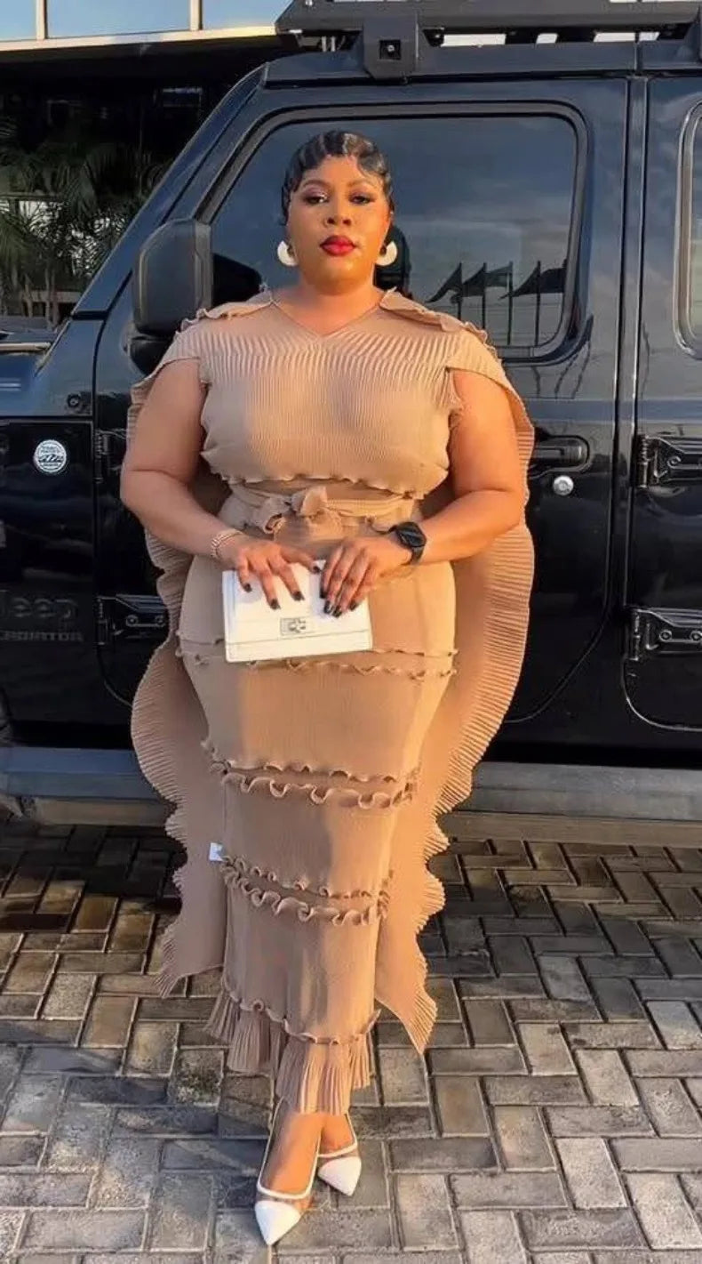 EGRM Miyake Solid Pleated French Three-dimensional Fungus Edge Cake Dress Women's Loose Long Dresses 2025 Summer New 6R8109