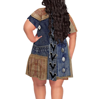 Denim Patchwork Lace-up V-neck Short Sleeve Dress - Women's Vintage Rugged Casual Party Festival Summer