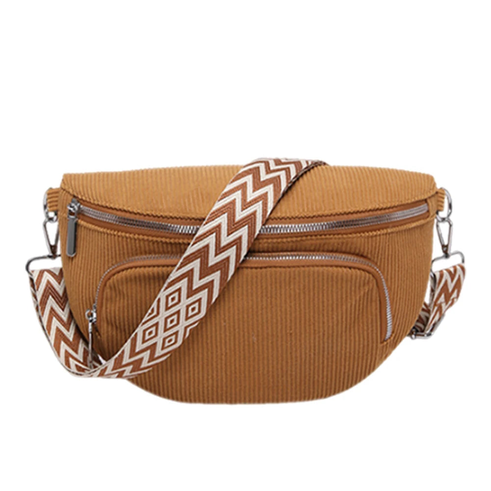 Corduroy Chest Bag Fashion Fanny Pack Wide Guitar Strap Casual Waist Bag Multi-pockets Hobo Sling Bag Outdoor Travel Bag