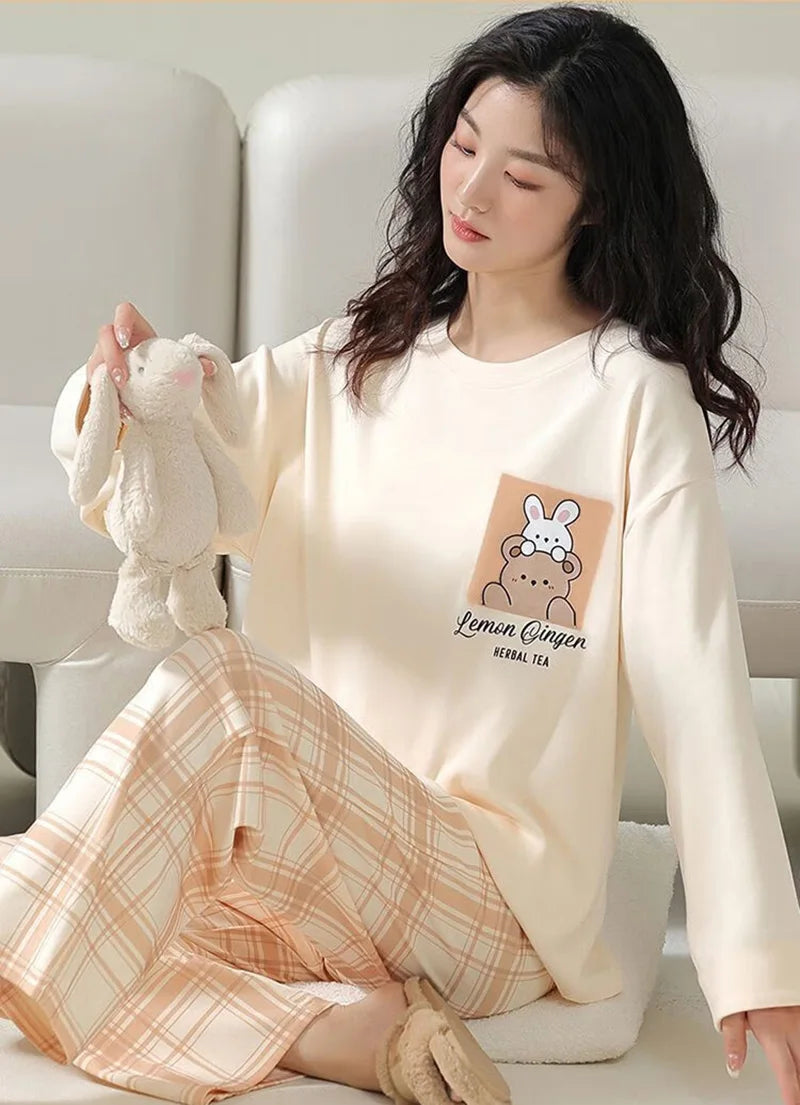 Women's Pajamas Two-Piece Casual Cute Comfortable Sleepwear Homewear Set Tops and Trousers Nightwear Lounge Wear Autumn Winter
